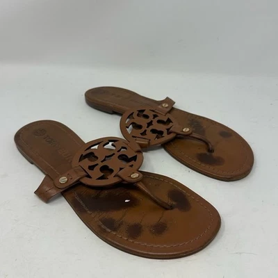 Sandalias Tory Burch Vintage Vachetta Miller Talla 9 Cuero Marrón Chanclas Logo Foto 1 de 4