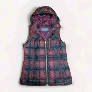 Eddie Bauer Red Black Plaid Hooded Puffer Vest TALL Large - No Fur Trim - Picture 1 of 12