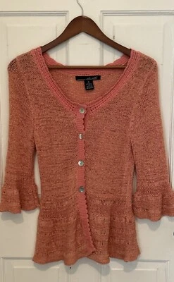 Willi Smith Pink Cardigan, Cotton, Scallops, Ruffle, 3/4 Sleeves, S,Coastal, EUC - Image 1 of 4