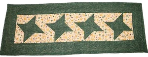 Hand Made Quilted Table Runner/ Topper /Mat ~ 14" x 30" ~ Green Gold Stars - Picture 1 of 4