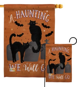 Haunting We Go Halloween Black Cat Rip Stone Bat Scary Garden House Yard Flag - Picture 1 of 13