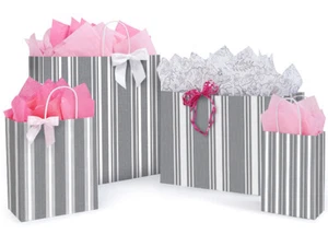 Gray TICKING STRIPE Design Gift Paper Gloss Bag Choose Size & Package Amount - Picture 1 of 1
