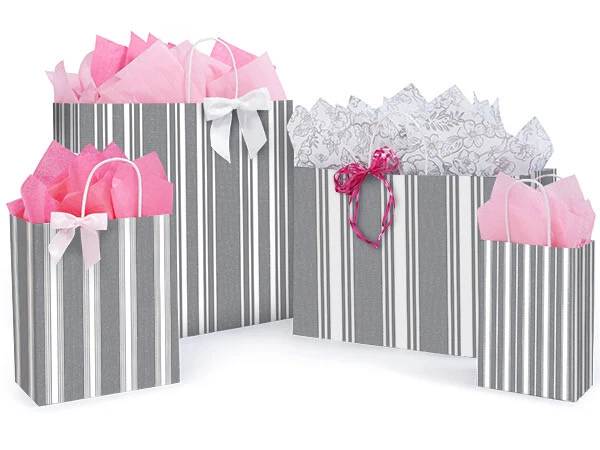 Gray TICKING STRIPE Design Gift Paper Gloss Bag Choose Size & Package Amount - Image 1 of 1
