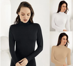 Damen Unterhemd Langarmshirt Halbkragen T-Shirt Baumwolle Qualität - Bild 1 von 6