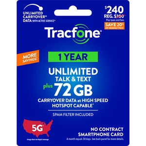 Tracfone $240 Unlimited Talk & Text, 72 GB di dati / 365 giorni (scheda fisica) - Foto 1 di 1
