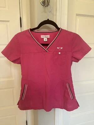 Blusa Médica Koi by Kathy Peterson Talla XS Manga Corta Rosa Flor Botón Rayas Foto 1 de 4