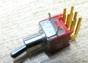 Miniature DPCO gold toggle switch RS 318-474 right angle PCB mount dpdt - Picture 1 of 5