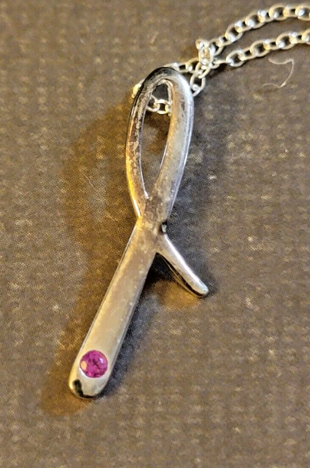 Avon Sterling Silver Necklace Pink CZ Crusade Ribbon Awareness 2015 - Image 1 of 4