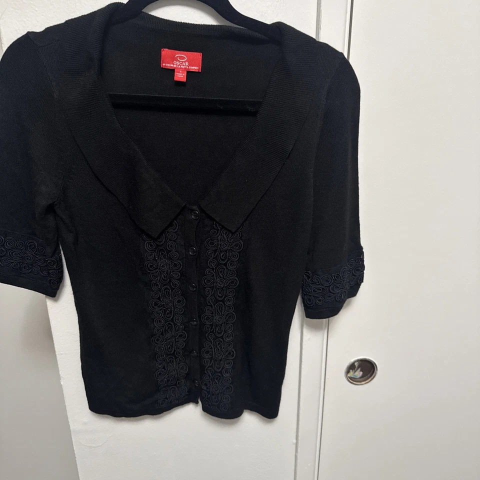 Cárdigan suéter negro bordado vintage Oscar de La Renta para mujer talla pequeña Foto 1 de 4