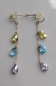 14K Gold Earrings Pastels Multi Gemstones 2" Dangle Citrine, Topaz, Amythest - Picture 1 of 3