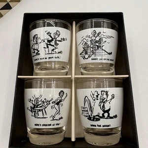 Vintage Anchor Hocking Shot Glasses Set 4 w/ Box Funny Barware 1950s  - Picture 1 of 8