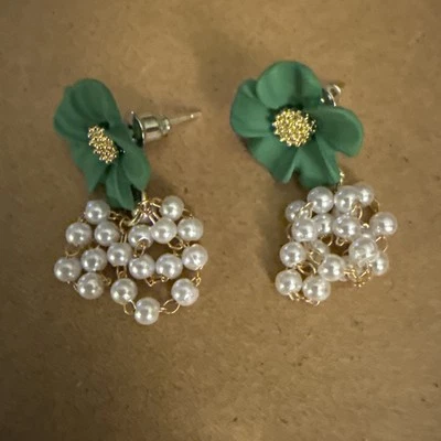Elegant Green Floral With Faux Pearls Dangle Earrings  - Image 1 of 4