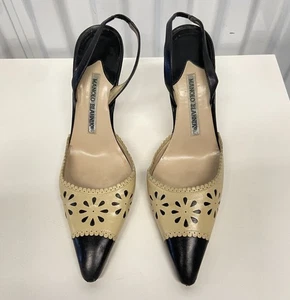 Vintage Y2K Manolo Blahnik schwarz hellbraun Leder Ösen Spitze Cutout spitz zulaufend Heels 37 - Bild 1 von 22
