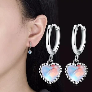 Womens Exquisite Heart Huggie Hoop Earrings Fashion 925 Sterling Silver Plated - Picture 1 of 5