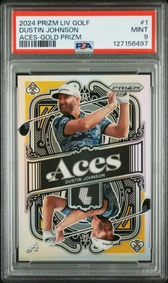 2024 Dustin Johnson Panini Prizm LIV Golf Gold Aces Rookie SP /10 PSA 9 - Image 1 of 3