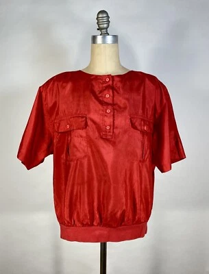 Blusa Camisa Top Vintage Años 80 Brillante Rojo Cereza Ligera Poli Satén Talla 18 Foto 1 de 4