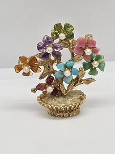 Swoboda Pin Brooch Flower Pot Basket Semi-Precious Tumbled Stones Unsigned - Picture 1 of 7