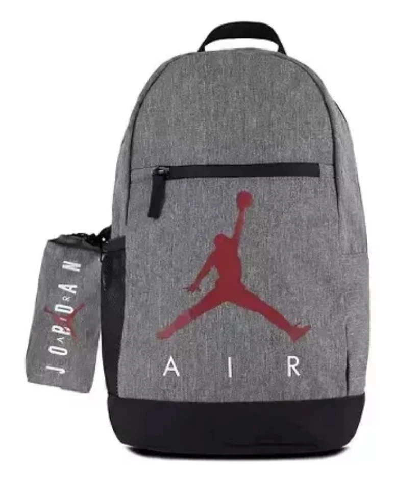 Nike Jordan Air School Backpack Pencil Case Bottle Pocket Large Gray 9A0503-GEH