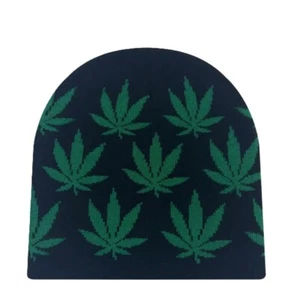 Marijuana Weed Pot 4:20 Leaf Green over Black Beanie Skull Stocking Cap Hat - Picture 1 of 2