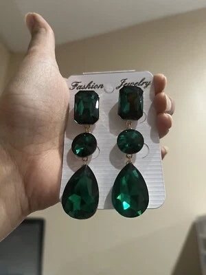 Green Gold Dark Drop Long Rhinestone Crystal Pageant Dangle Earrings Tear Large - Image 1 of 4