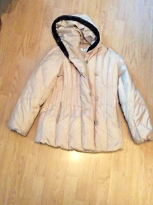 Preowned Larry Levin Down Women's jacket size M-Tan Puffer Faux Trim Hood-excell - Picture 1 of 12