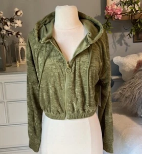 Crushed Velvet Olive Green Jacket Hoodie Cropped Zip Velour Womens Small New - Picture 1 of 9