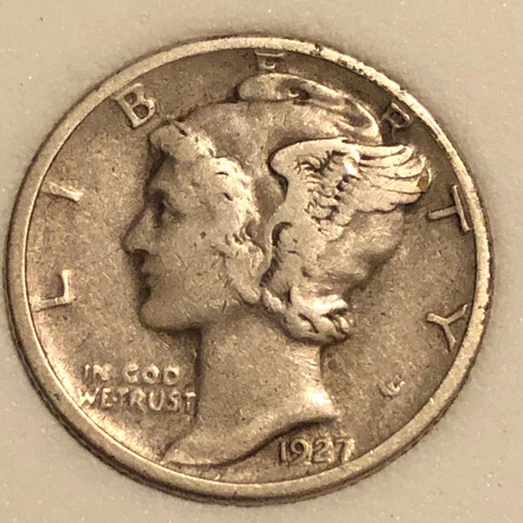 1927 D  Silver  Mercury Head Dime  Extra Fine Cover