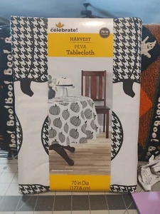 Brand New Harvest Black & White Pumpkin Tablecloth: 70" Diameter - Picture 1 of 2