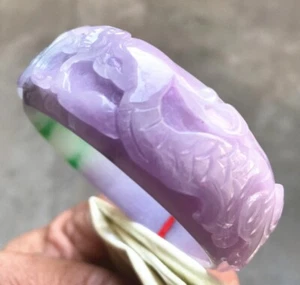 56.6mm Natural Green Lavender Jadeite Jade Bracelet Burma Carving Jade Bangle - Picture 1 of 20