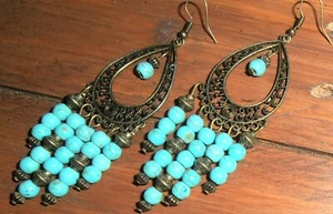 Handmade Boho Ethnic Turquoise Beaded Antique Bronze Chandelier Tassel Earrings - Picture 1 of 4