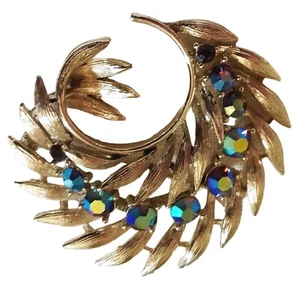 Vintage 1960s BSK Gold Half Wreath Brooch Teal Blue AB Rhinestones VFG - Picture 1 of 7
