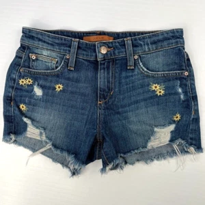 Joe's Short Women 25 Distress Denim Zip Raw Hem 27x2.75 Mid Daisy Flower Ozzie - Picture 1 of 12