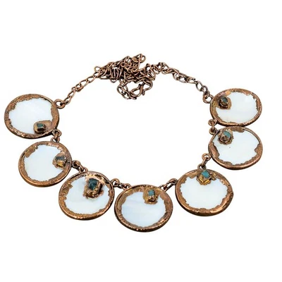 Copper Mother Of Pearl Stone Aquamarine Rough Chain Electroformed June Necklace - Image 1 of 4