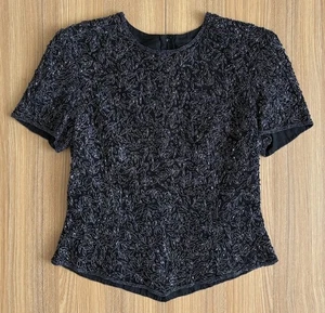 Vintage Papell Boutique Abend Perlen Seide Top S Metallic bestickt Urlaub Party - Bild 1 von 8