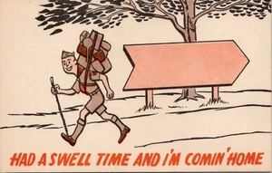 Postal de humor de Boy Scout "Tuve un buen tiempo y estoy llegando a casa" sin publicar - Imagen 1 de 2