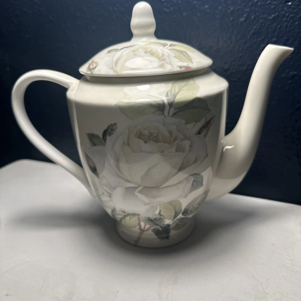 Grace Teaware Iceberg Rose Bone China Teapot Stechcol Cream  White Roses 8” Tall - Image 1 of 4