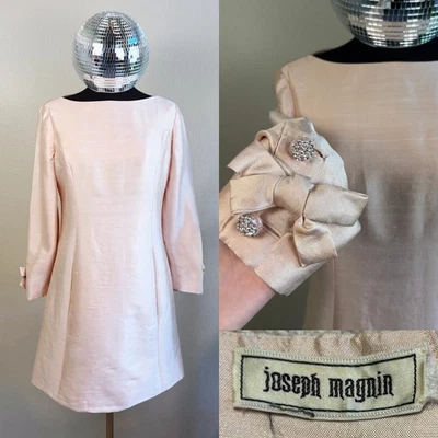 Vestido Vintage Años 60 Joseph Magnin Rosa Línea A Lazos Joyas, RARO Seda Shantung Foto 1 de 4