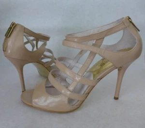 MICHAEL KORS Patent Tan Leather Open Toe Back Zip Caged Sandal Heels Shoes 8.5M - Picture 1 of 15