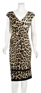 ROBERTO CAVALLI WOMEN'S LEOPARD PRINT STRETCHY RUCHED DRESS V-NECK SIZE 44 - Picture 1 of 9