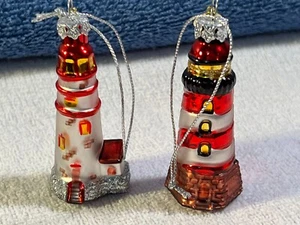 Christmas ornaments set of 2 glass lighthouses SCF Seasons of Cannon Falls PO512 - Picture 1 of 5
