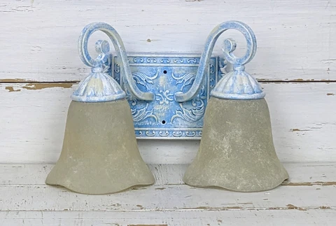Double Lamp Electric Wall Sconce, Blue White & Cream Cover