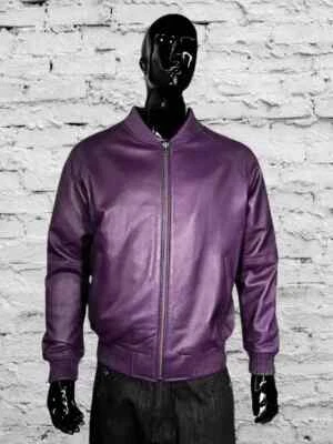 Jaqueta Bombardeiro Masculina Roxa de Couro de Cordeiro Jaqueta de Couro Macia Genuína Feita à Mão Elegante - Imagem 1 de 4
