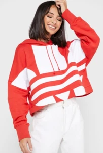 ADIDAS ORIGINALS Women Sweatshirt Red Hoodie Trefoil Logo Crop S Pullover - Picture 1 of 10