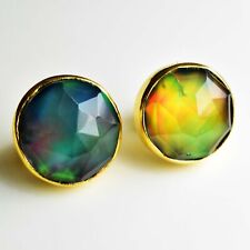 10 MM Natural Black Fire Opal 925 Sterling Silver Gold Plated Earring