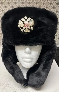 Russische Armee Militär schwarz Kunstfell Uschanka Adler Wappen Stepplinie Gr. 61 ~ 7 5/8 - Bild 1 von 10