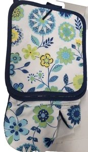 7pc KITCHEN SET:2POT HOLDERS,2TOWELS,2DISHCLOTHS &1OVEN MITT,LEAVES & FLOWERS,BH - Picture 1 of 13