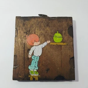 Vtg Wooden Canvas Hand Carved Child & Green Cookie Jar Paint Touch Of Happiness - Picture 1 of 11