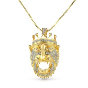 14K Yellow Gold Filled Crown King Lion Head Fashion Pendant Necklace  - Picture 1 of 5
