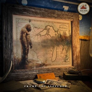 Sasquatch Bigfoot Art Print Vintage Michigan State Map Cabin Wall Decor Gift - Picture 1 of 9
