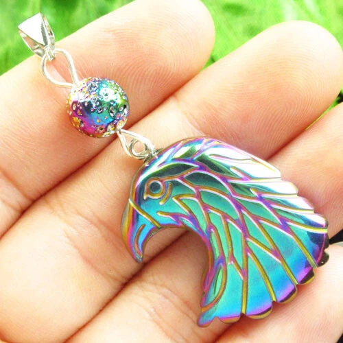 Colgante bola cristal titanio cabeza águila hematita arco iris tallado 2 piezas FH62355 Foto 1 de 2